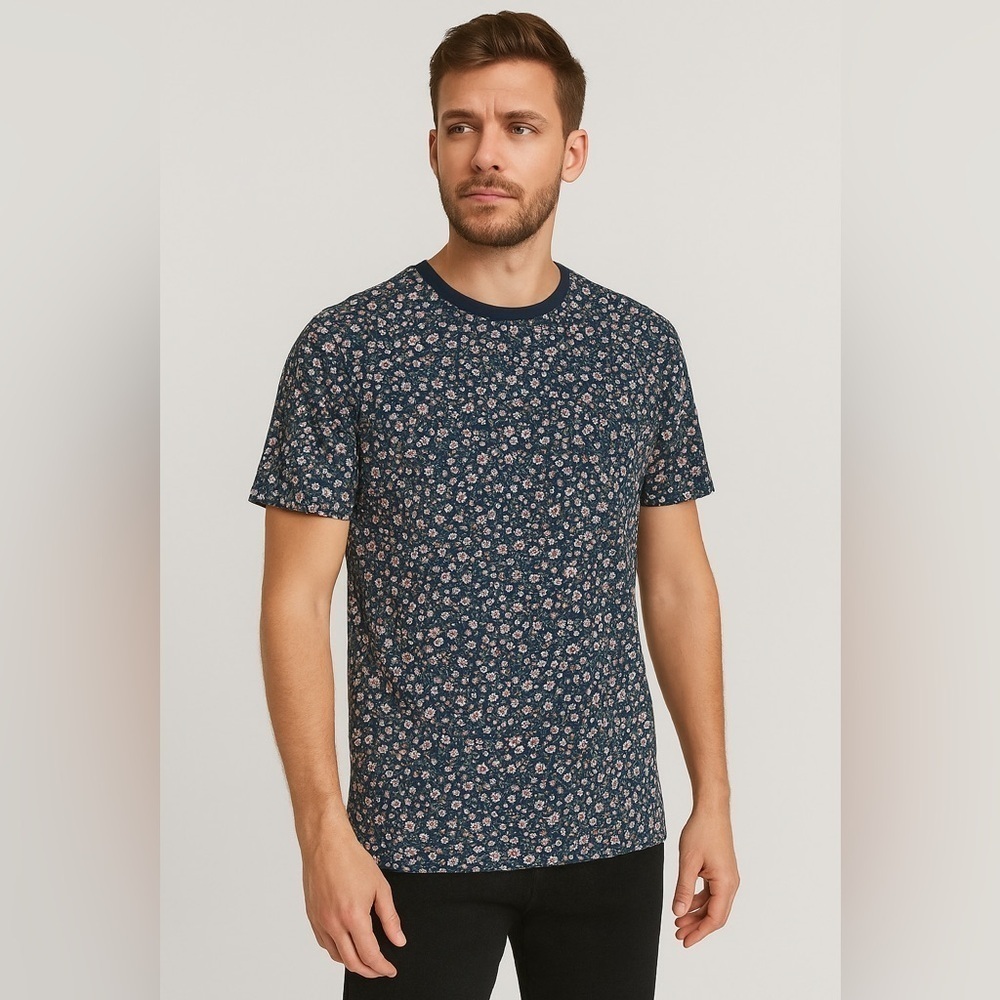 Jack & Jones men's stylish floral blue crew neck top size M/L 100% cotton